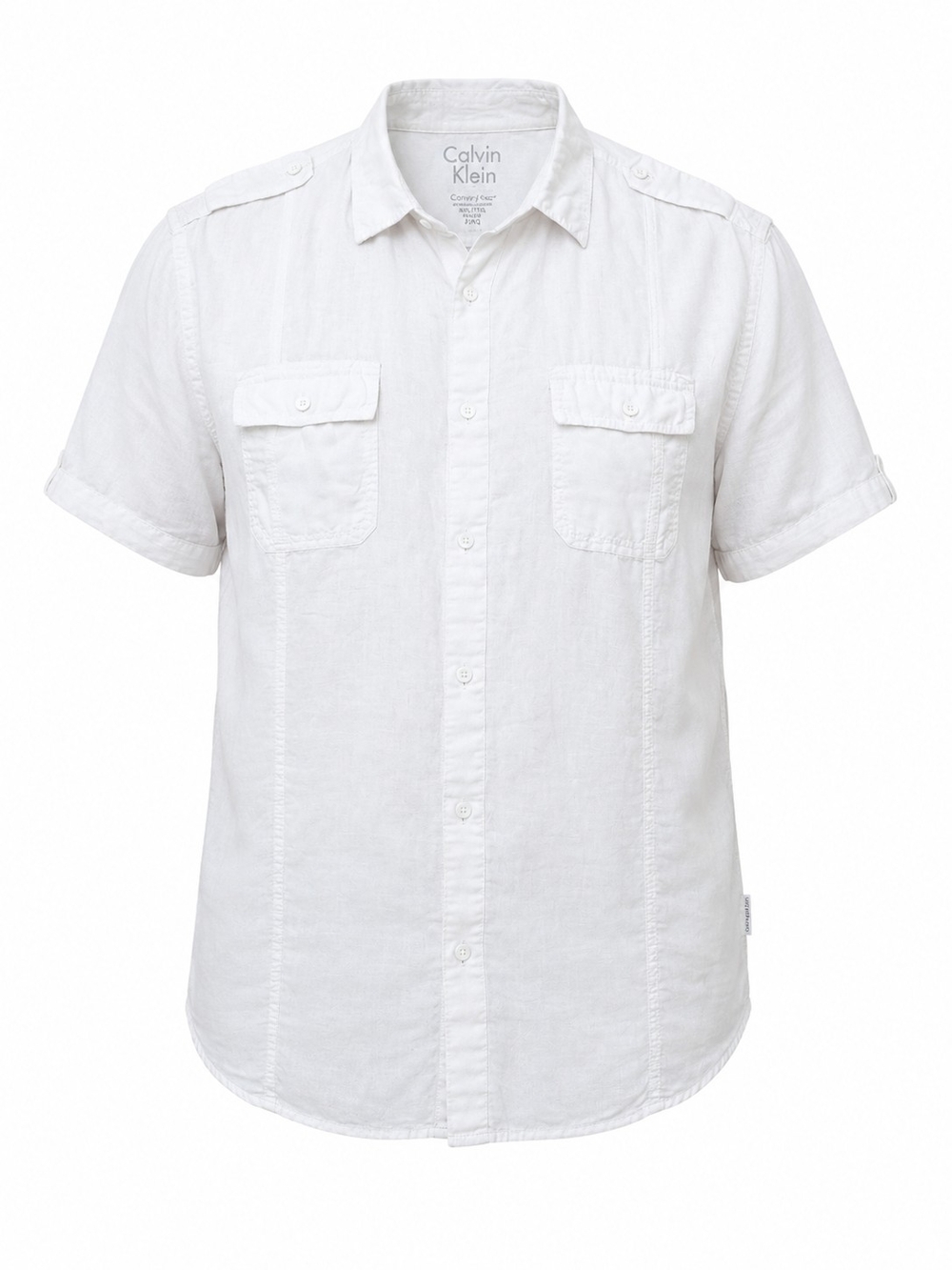 CALVIN KLEIN | White Linen Blend Button Down Roll Tab Utility Shirt Resort | XXL
